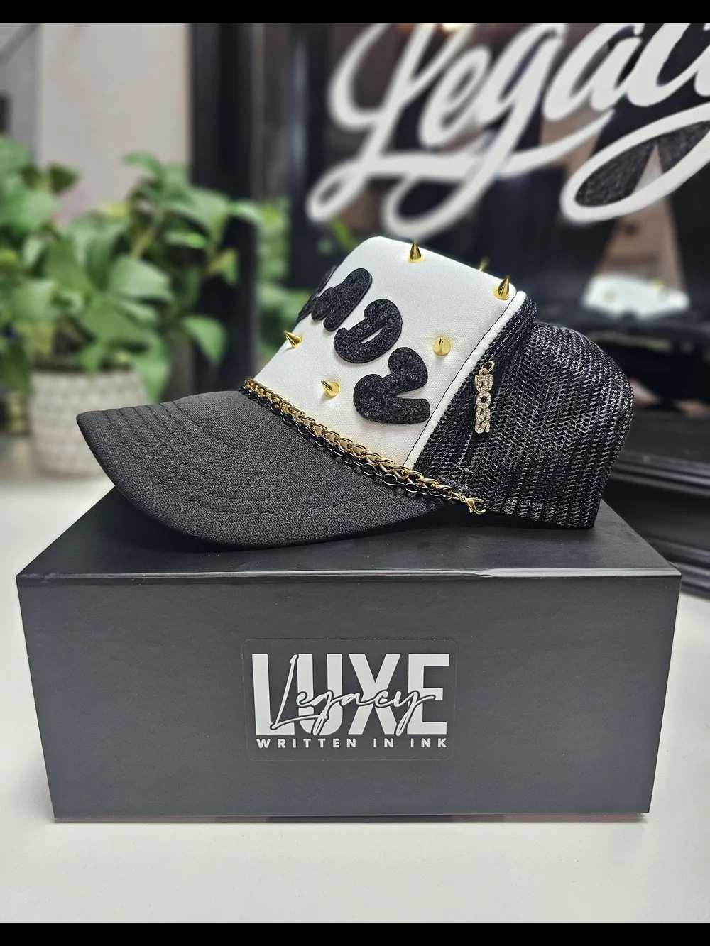 'Ol Lady' Custom Black & White Studded Trucker Hat